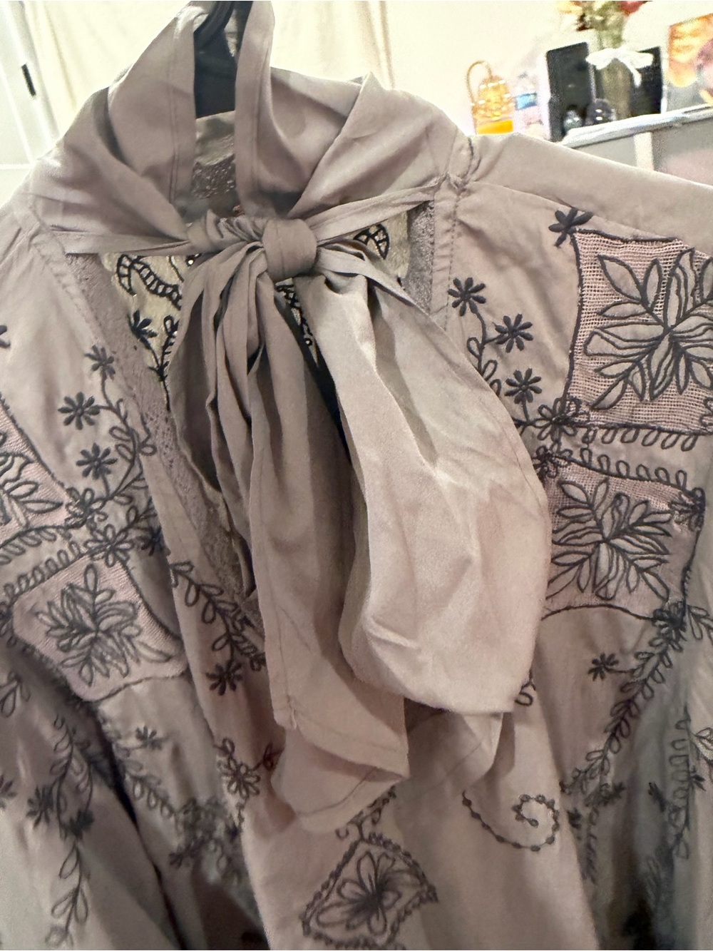 Free People Taupe Floral-Embroidered trumpet sleeve ruffle Dress - Picture 2 of 11